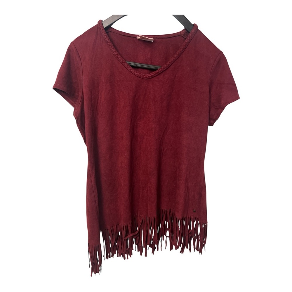 Wrangler Burgundy Fringe Hem Women's Tee soft suede velvet western wear Large